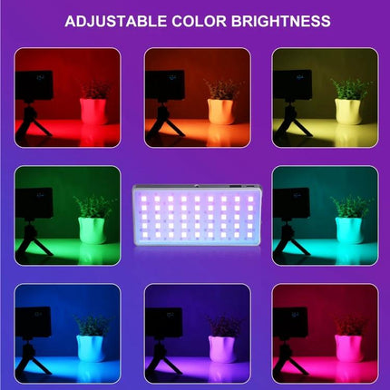 PULUZ Portable RGB LED Light for Vlogging and Photography showing adjustable color brightness panels and multicolor lighting effects