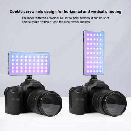 PULUZ Portable RGB LED Light for Vlogging and Photography mounted horizontally and vertically on DSLR showing adjustable color panels