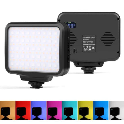 PULUZ Portable Handheld RGB LED Fill Light for Photography shown front and back with adjustable RGB color swatches
