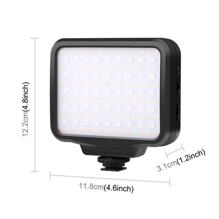 PULUZ Portable Handheld RGB LED Fill Light for Photography showing compact LED panel with dimensions and hot shoe mount