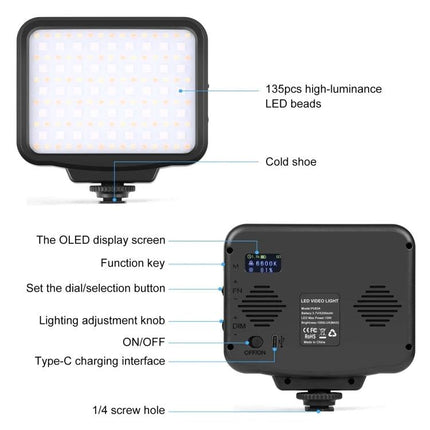 PULUZ Portable Handheld RGB LED Fill Light for Photography showing 135 SMD LEDs, OLED display, controls, cold shoe and Type-C charging
