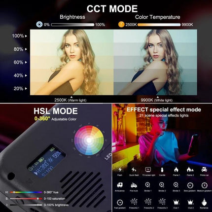 PULUZ Portable Handheld RGB LED Fill Light for Photography showing CCT, HSL and special effect modes with warm and cool examples