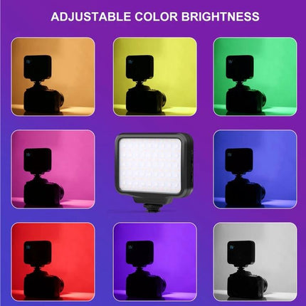 PULUZ Portable Handheld RGB LED Fill Light for Photography showing adjustable color brightness with nine colored lighting examples and central LED panel