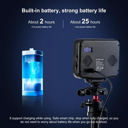 PULUZ Portable Handheld RGB LED Fill Light for Photography showing built-in battery life and charging while mounted on a tripod