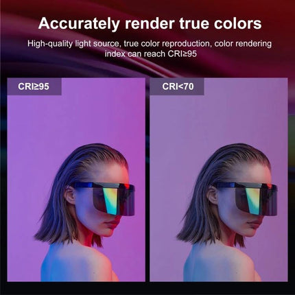 PULUZ Portable Handheld RGB LED Fill Light for Photography showing side-by-side CRI≥95 vs CRI<70 color rendering on a portrait