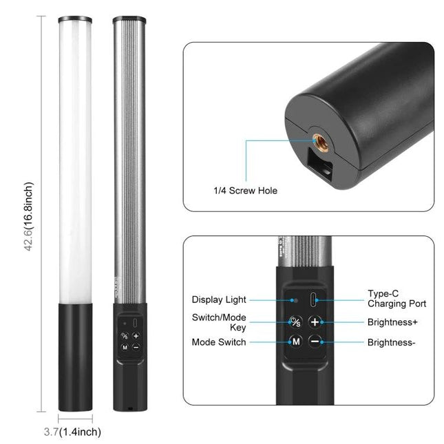PULUZ Handheld RGB LED Light for Photography and Video Use - slim rechargeable tube light with controls, Type-C port and 1/4" screw hole (42.2cm)