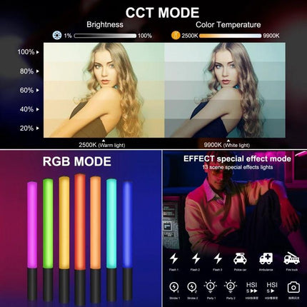 PULUZ Handheld RGB LED Light for Photography and Video Use showing CCT and RGB modes with color temperature and effect examples