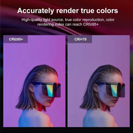 PULUZ Handheld RGB LED Light for Photography and Video Use demonstrating CRI≥95 vs CRI<70 color accuracy on a model with tinted visor