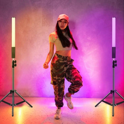PULUZ Handheld RGB LED Light for Photography and Video Use showing dancer lit by two RGB tube lights with adjustable colors and stands