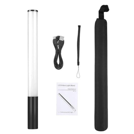 PULUZ Handheld RGB LED Light for Photography and Video Use showing wand, USB cable, strap, manual and carrying pouch