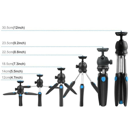 PULUZ Mini Tripod for Everyday Smartphone Video Capture showing six compact tripod height configurations from 12cm to 30.5cm for vlogging and steady shots