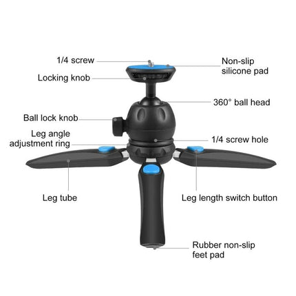 PULUZ Mini Tripod for Everyday Smartphone Video Capture showing labeled parts (360° ball head, leg tube, locking knob) for steady vlogging and tutorials