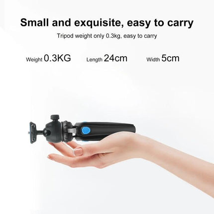 PULUZ Mini Tripod for Everyday Smartphone Video Capture shown folded in hand, compact 24cm length, 0.3kg lightweight for vlogging and social clips