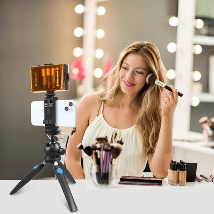 PULUZ Mini Tripod for Everyday Smartphone Video Capture set up on vanity for steady makeup vlog footage