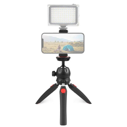 PULUZ Mini Tripod for Everyday Smartphone Video Capture shown with phone and LED light on tabletop for steady vlogging and social clips