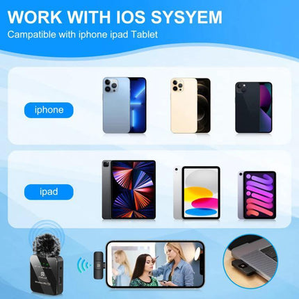 PULUZ Lavalier Microphone for Daily iPhone Audio Capture - 2.4G wireless lav mic showing iPhone and iPad compatibility for vlogs interviews and meetings