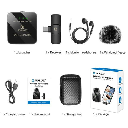 PULUZ Lavalier Microphone for Everyday Audio Recordings showing wireless transmitter, receiver, headphones, windproof fleece, charging cable, manual, storage case and package