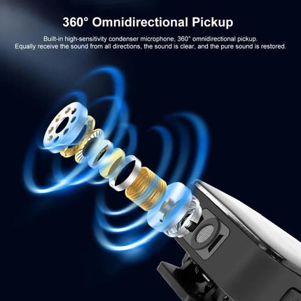 PULUZ Lavalier Microphone for Everyday Audio Recordings showing 360° omnidirectional condenser pickup and internal component exploded view