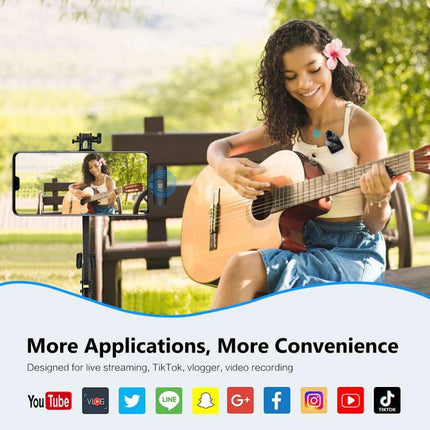 PULUZ Lavalier Microphone for Everyday Audio Recordings - woman playing guitar outdoors with wireless lavalier clipped for vlogging and livestreaming