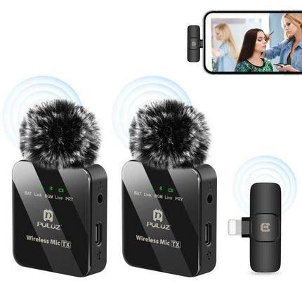 PULUZ Lavalier Microphone for Daily iPhone Recordings - wireless twin transmitters with windmuffs for clear vlogging and interviews