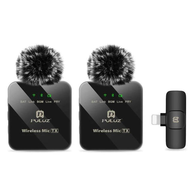 PULUZ Lavalier Microphone for Daily iPhone Recordings wireless dual TX transmitters with furry windshields and Lightning receiver