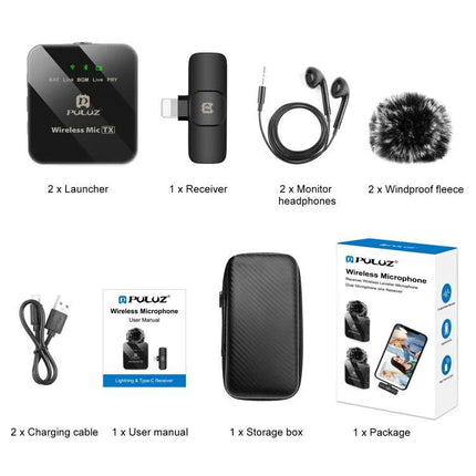 PULUZ Lavalier Microphone for Daily iPhone Recordings showing wireless mic kit with 2 launchers, receiver, earbuds, windproof fleeces, cables, case and package