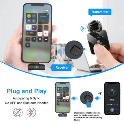 PULUZ Lavalier Microphone for Daily iPhone Recordings - wireless transmitter and receiver plug-and-play setup reducing background noise for vlogging