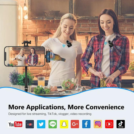 PULUZ Lavalier Microphone for Daily iPhone Recordings — two women cooking with wireless clip-on mics for vlogging and live streaming