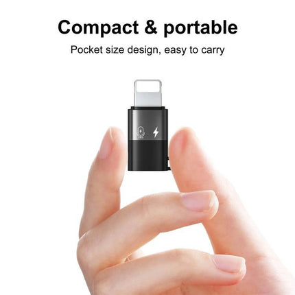 PULUZ USB-C to 8 Pin Adapter for Everyday Device Charging compact portable pocket-size adapter held between fingers for charging and data transfer