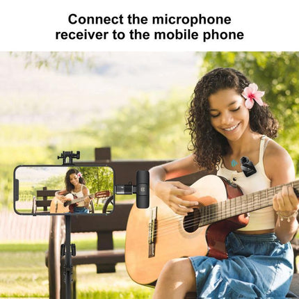 PULUZ USB-C to 8 Pin Adapter for Everyday Device Charging - woman recording guitar with USB-C to 8 Pin adapter and clip-on mic