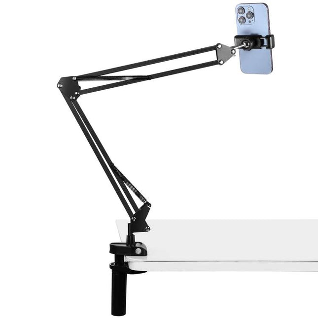 PULUZ Desktop Articulating Arm Holder for Phone Live Broadcasting - black metal desk phone mount holding smartphone at adjustable angle