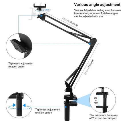 PULUZ Desktop Articulating Arm Holder for Phone Live Broadcasting – metal desk clamp arm with adjustable angles, 360° rotation and up to 6.8in phone support
