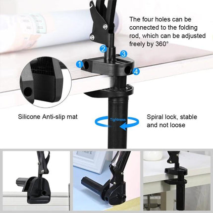 PULUZ Desktop Articulating Arm Holder for Phone Live Broadcasting clamp mounted on desk showing silicone anti-slip mat and spiral lock for 360° adjustment