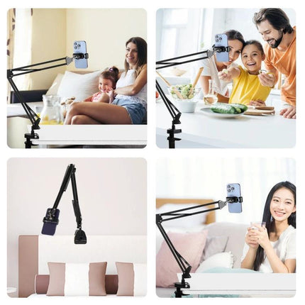 PULUZ Desktop Articulating Arm Holder for Phone Live Broadcasting - metal desk phone mount shows adjustable arm holding smartphone for streaming and video calls