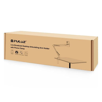 PULUZ Desktop Articulating Arm Holder for Phone Live Broadcasting packed in retail box showing clamp and arm illustration
