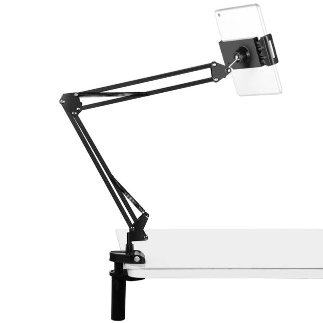 PULUZ Articulating Desktop Arm Holder with Tablet Clamp for Mounting attached to desk holding a tablet for hands-free use