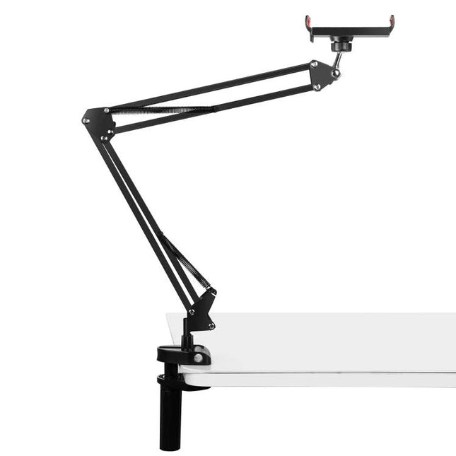 PULUZ Articulating Desktop Arm Holder with Tablet Clamp for Mounting shown clamped to desk holding tablet, adjustable angle and swivel