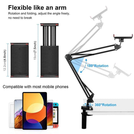 PULUZ Articulating Desktop Arm Holder with Tablet Clamp for Mounting shown clamped to desk holding tablet, adjustable 180° and 360° rotation
