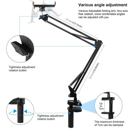 PULUZ Articulating Desktop Arm Holder with Tablet Clamp for Mounting – adjustable folding arm with 360° rotation and clamp for desks