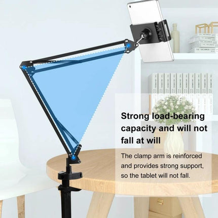 PULUZ Articulating Desktop Arm Holder with Tablet Clamp for Mounting showing adjustable arm clamped to desk holding a tablet at eye level
