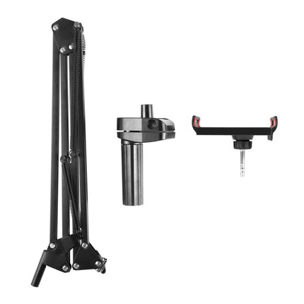 PULUZ Articulating Desktop Arm Holder with Tablet Clamp for Mounting shown disassembled: adjustable arm, desk clamp, and tablet cradle