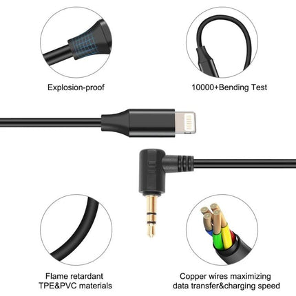 PULUZ Audio Adapter for Daily Microphone Use on the Go - black lightning to 3.5mm angled cable, TPE&PVC durable construction, bend tested, copper wires