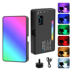 PULUZ Handheld RGB LED Light for Photography and Beauty Sessions showing RGB panel, controls, USB cable and mounting accessory