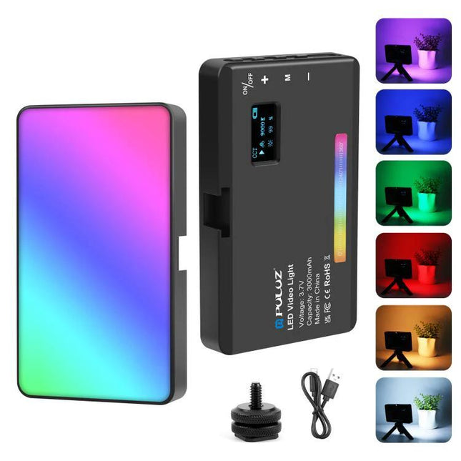 PULUZ Handheld RGB LED Light for Photography and Beauty Sessions showing RGB panel, controls, USB cable and mounting accessory