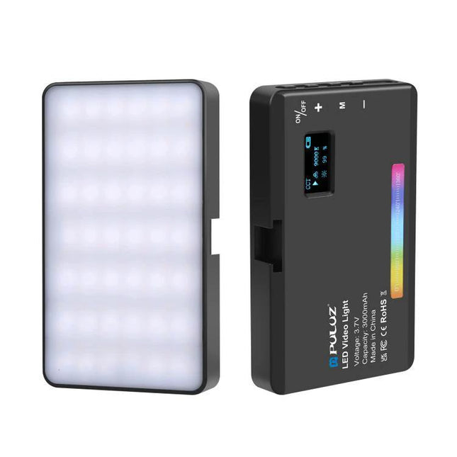 PULUZ Handheld RGB LED Light for Photography and Beauty Sessions showing front diffuser and rear control panel with display