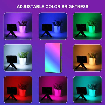 PULUZ Handheld RGB LED Light for Photography and Beauty Sessions showing adjustable color brightness with multiple RGB and white lighting examples