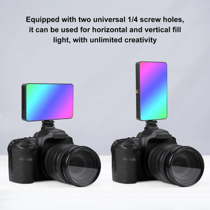 PULUZ Handheld RGB LED Light for Photography and Beauty Sessions mounted on DSLR showing horizontal and vertical fill light options