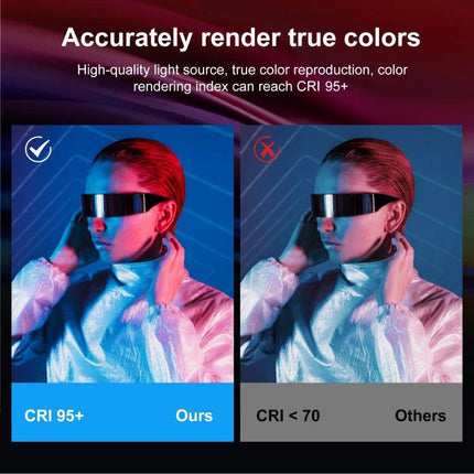 PULUZ Handheld RGB LED Light for Photography and Beauty Sessions showing CRI 95+ accurate true color comparison