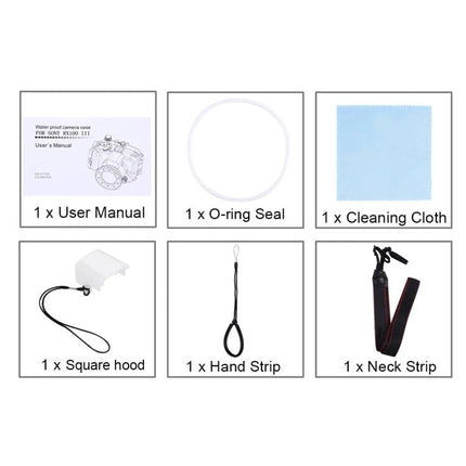 PULUZ Waterproof Case for Underwater Photography Sessions accessories layout showing user manual, O-ring seal, cleaning cloth, square hood, hand strip and neck strip