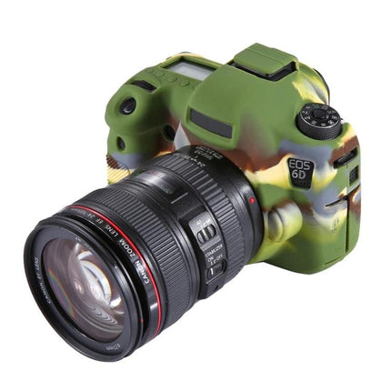 PULUZ Soft Silicone Protective Case for Canon EOS 6D Camera in camouflage green fitted on Canon EOS 6D with attached lens, showing grip and controls